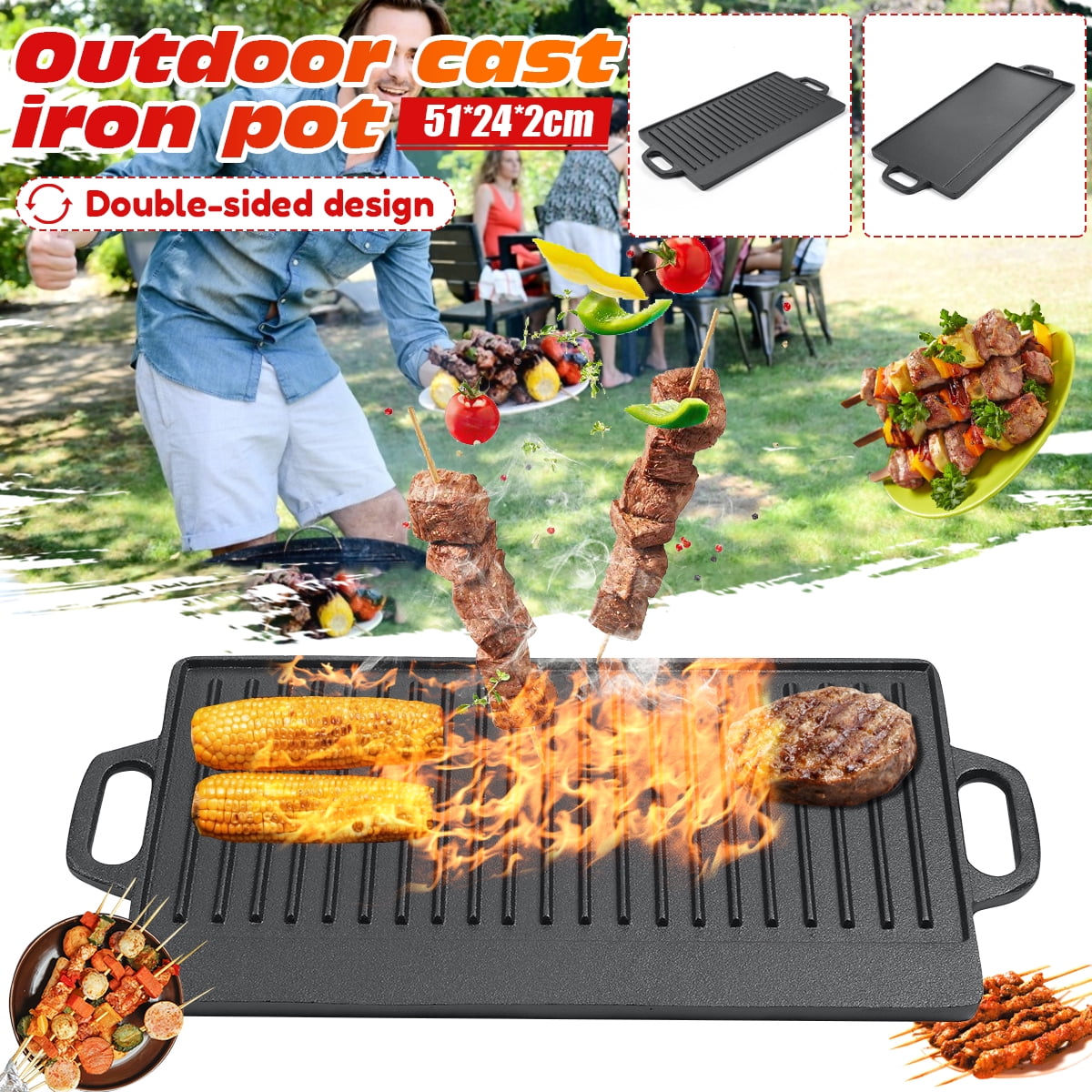 Mifoci 19.7”x9.1” Cast Iron Griddle with Handles 2 in 1 Reversible Grill  Plate with Silicone Heat Protection Gloves Flat Top Griddle Cast Iron Grill