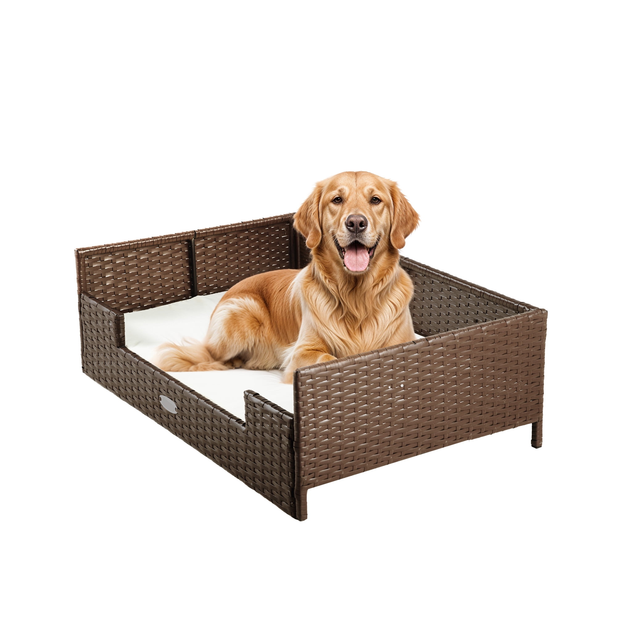 Uforic Rattan Dog Sofa Bed with Beige Cushion,Wicker Pet Bed Sofa Indoor Outdoor,All-weather Protection, Brown&Beige,34.6"L x 23.6"W x 11.8"H