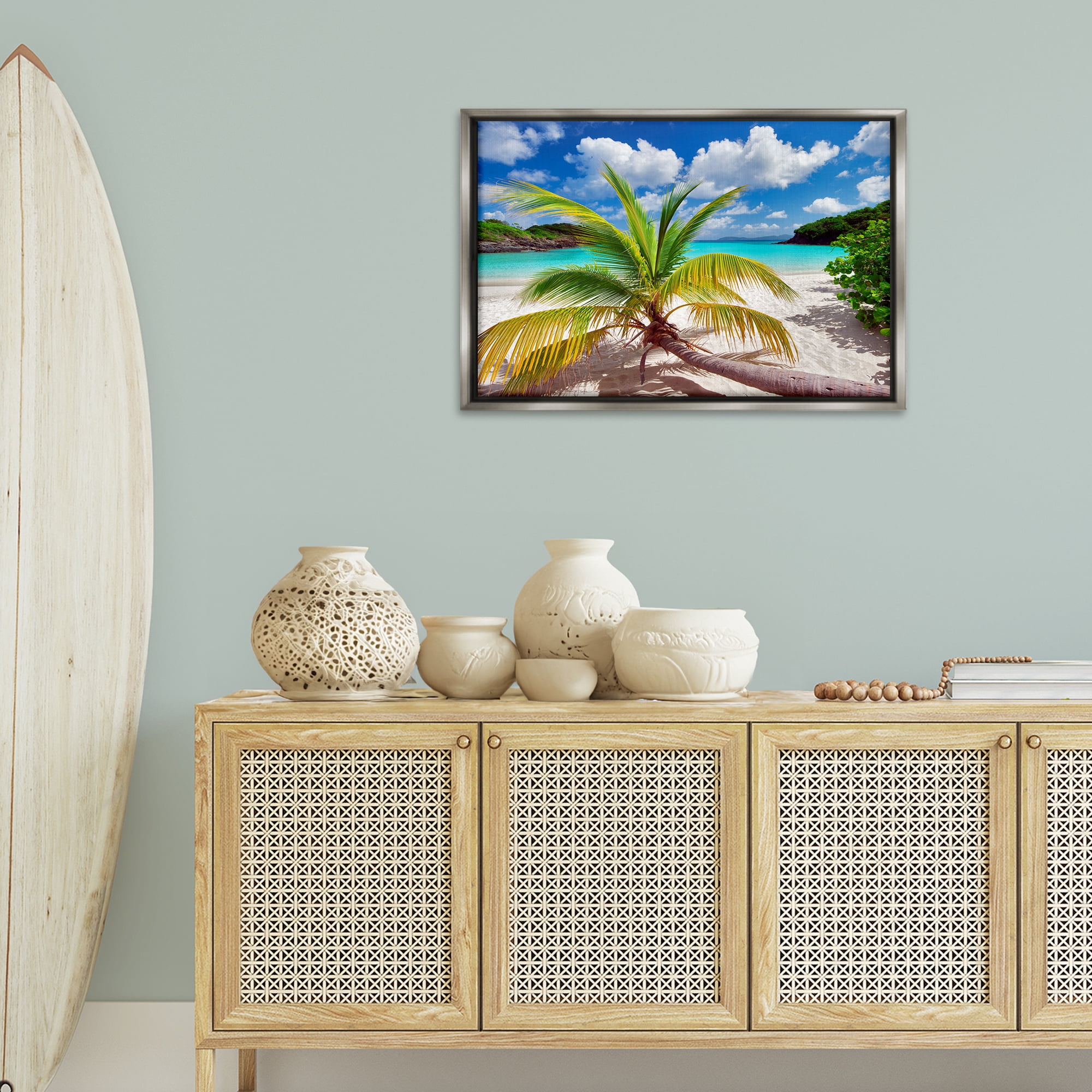 Stupell Industries Palm Tree Across Beach Coastal Photography Gray Floater Framed Canvas Art Print Wall Art, 31 x 21