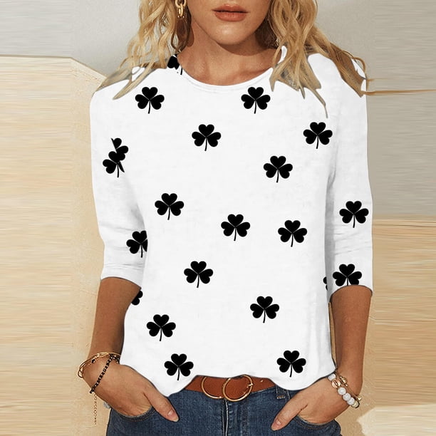 TaTaai Women's Casual Green Print Blouse Round Neck 3/4 Sleeve St. Patrick's Day T-Shirt Loose Fit Irish Holiday Spring Wear Gift