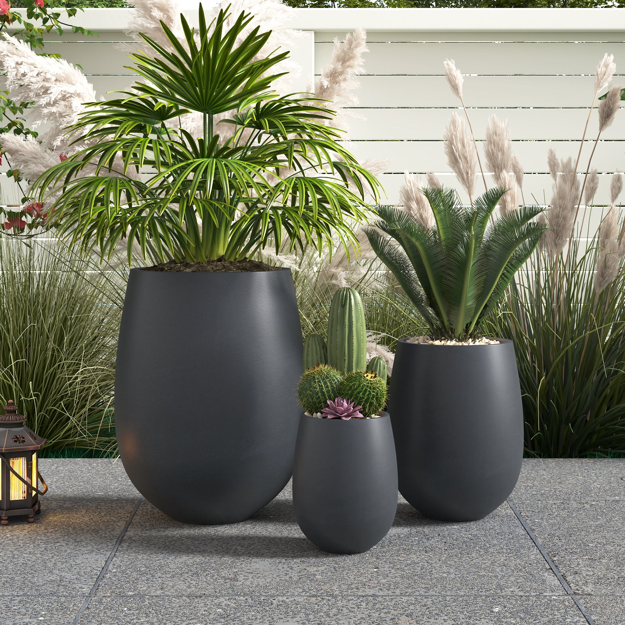 Mintazer Modern Planter Set of 3, 15.6"/10.74"/7.3" Round Stackable Flower Pots with Drainage Holes, Decorative Plant Pots for Indoor & Outdoor, Black