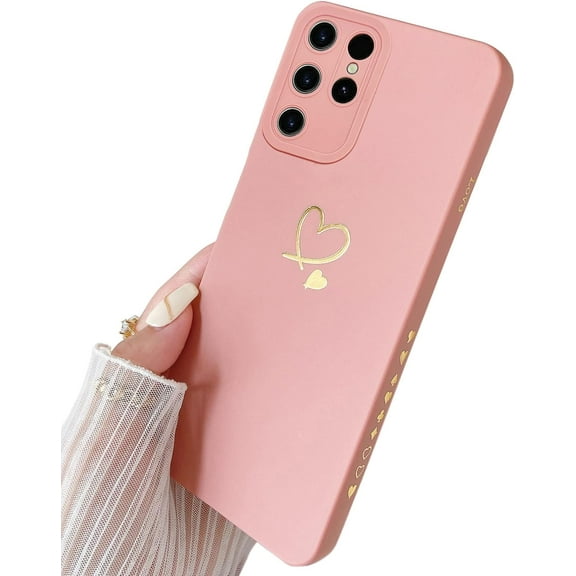 for Galaxy S23 Ultra Case 6.8 inch,Cute Bling Plated Gold Love Heart with Anti-Fall Camera Lens Cover Protection Soft Anti-Fingerprint Phone Case for Samsung Galaxy S23 Ultra 6.8" Pink