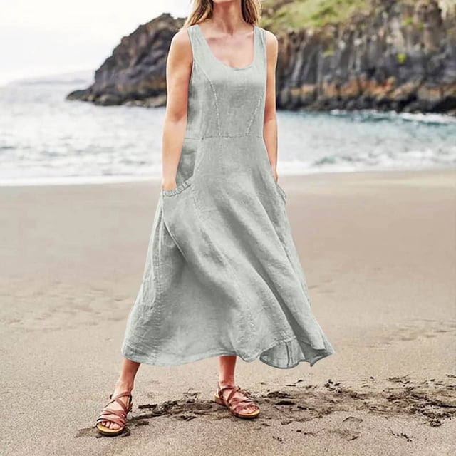 Liquidation d'Été 2025! Robe Grande Taille pour Femmes, Liquidation d'Été pour Femmes, Mode d'Été Décontractée pour Femmes Robe Sans Manches à Col Rond avec Poches
