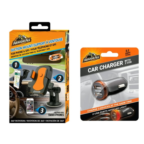 Armor All Car Suction Phone Mount and 2 USB Port Charger Bundle