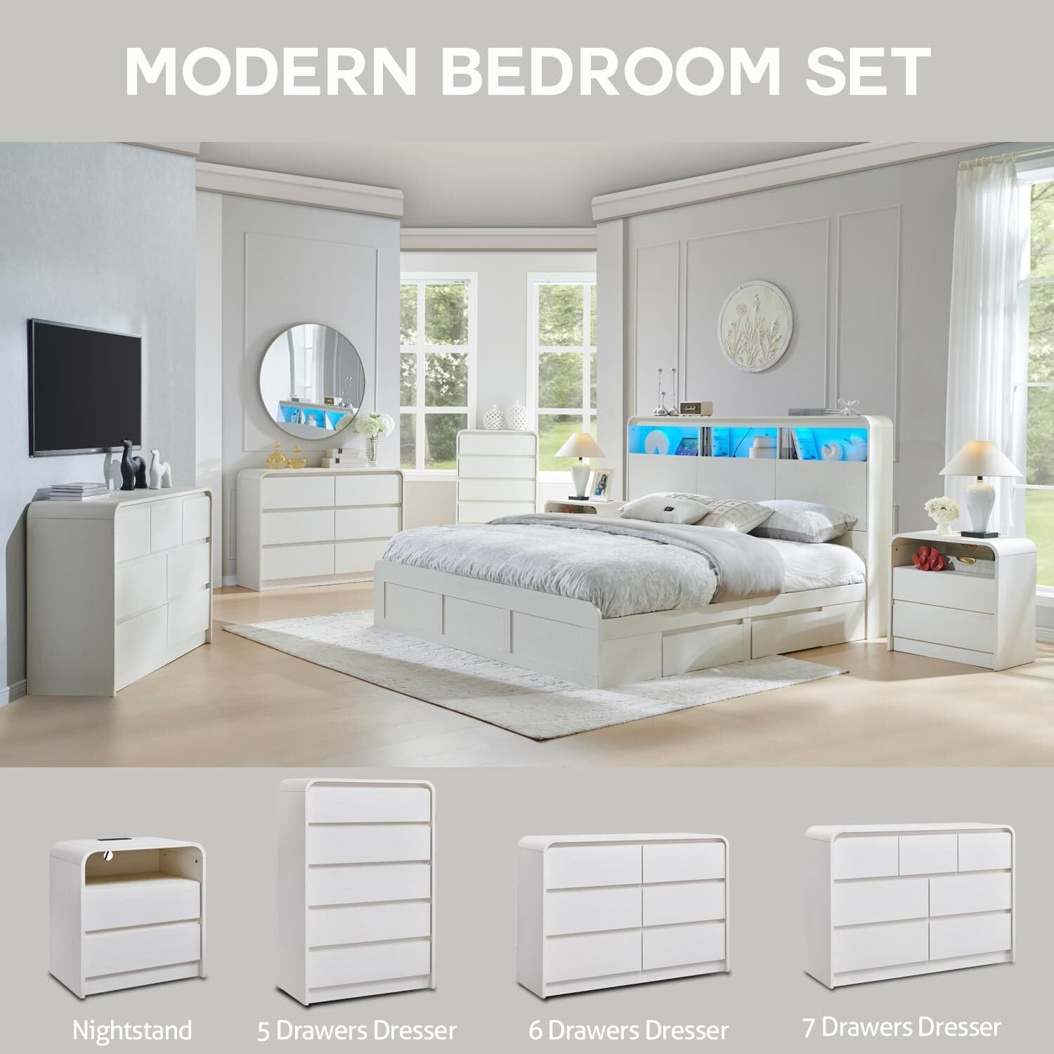 wow97e Modern 6 Drawers Dresser for Bedroom, 47" Wide Wood Chest of Drawers w/Curved Profile Design, for Bedroom, Living Room, White