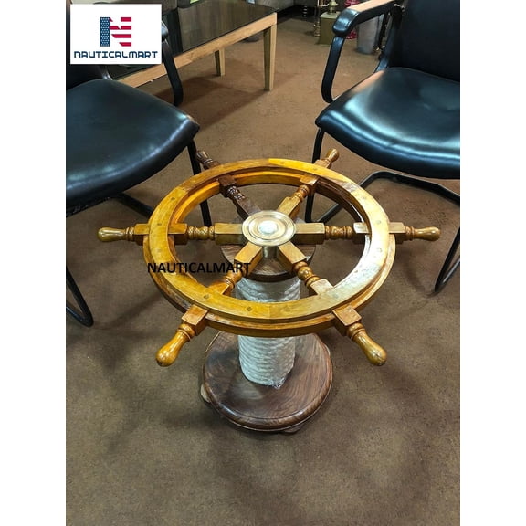 Nautical-Mart Wooden Ship Wheel Table w/Rope Base Home Office Furniture Decor (24 Inches)