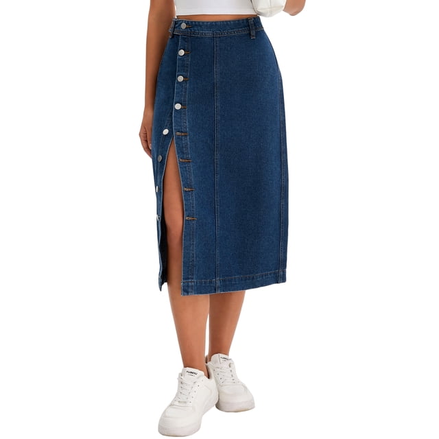 Falda Midi de Jean de Cintura Alta con Botones para Mujeres Chic INSPIRE, Casual, con Abertura, Talla XL, Azul Oscuro