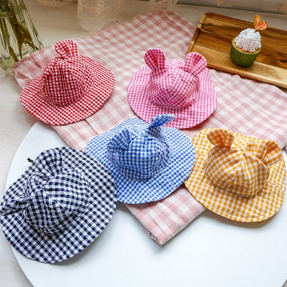 jiaroswwei Fisherman Hat Plaid Printing Decorative Polyester Wide Brim Dog Sunscreen Cap for Pet