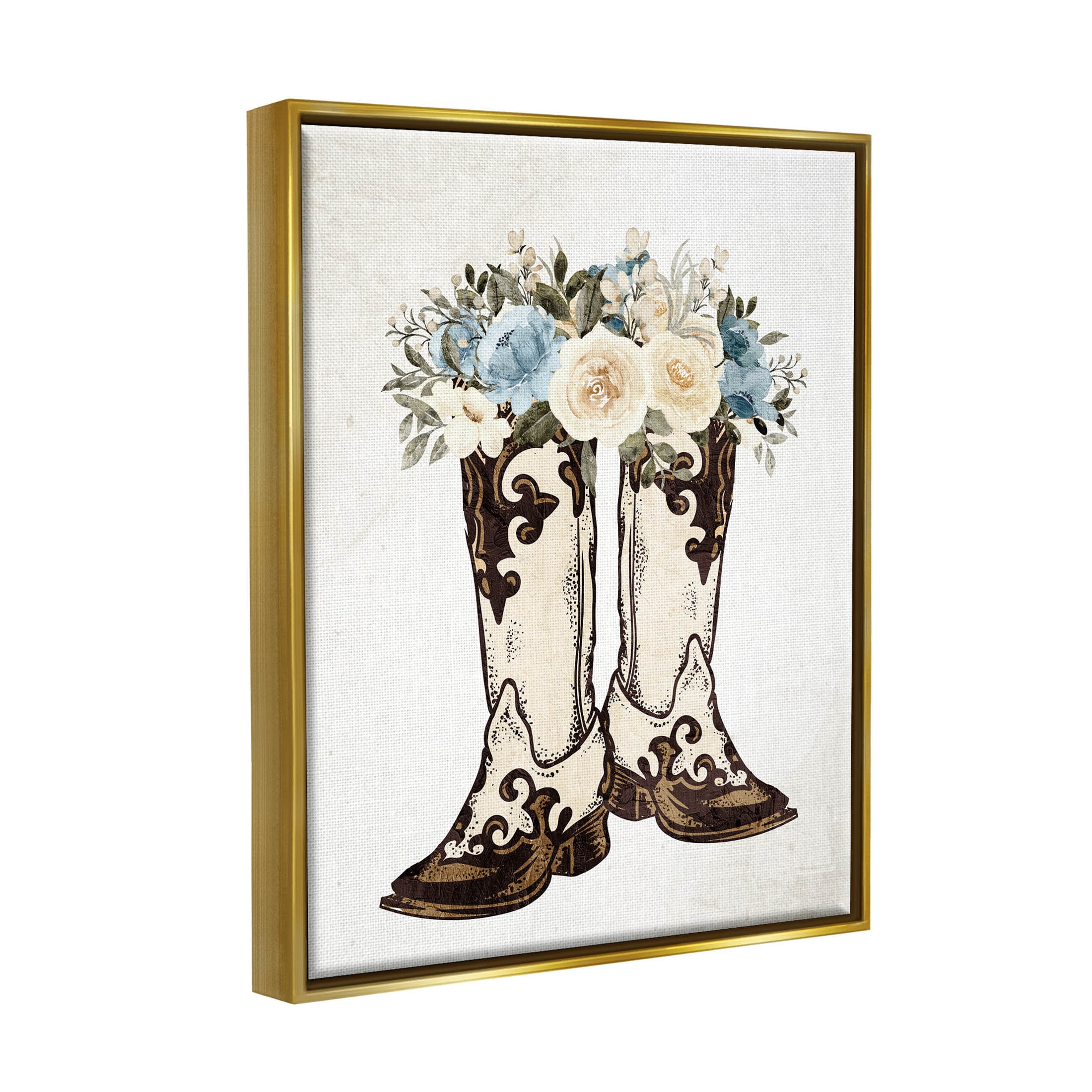 Cowboy Boot Mixed Flower Bouquet Botanical & Floral Graphic Art Metallic Gold Framed Art Print Wall Art