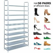 10 Tiers Free Standing Shoe Rack for 50 Pairs of Shoes Organizer in Closet Entryway Hallway, Metal Frame and Fabric Shelves