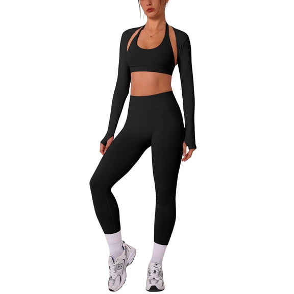 IDOPIP Workout Sets for Women 3 Piece Long Sleeve Shrug with Seamless Halter Sports Bra High Waist Leggings Gym Yoga Active Outfits M Black