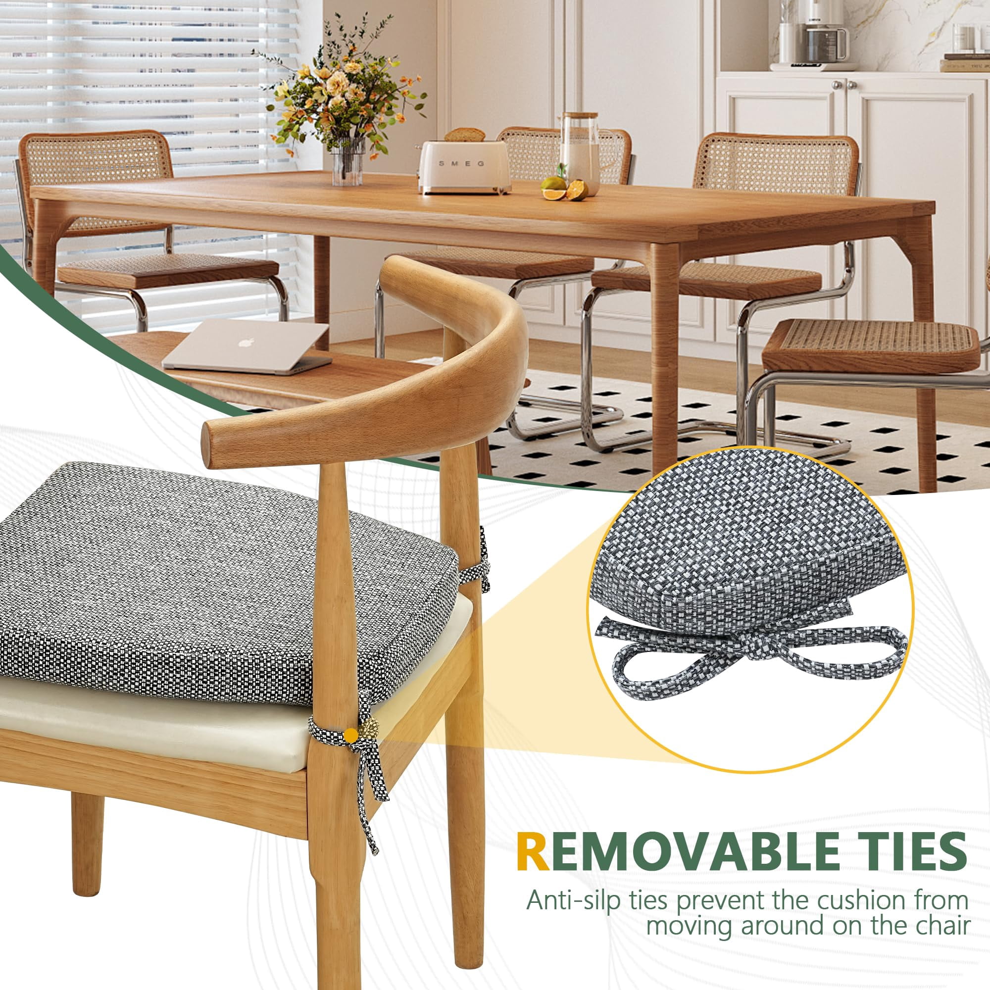 Chair Cushions for Dining Chairs Set of 2, D-Shaped 17" x 16" Memory Foam Seat Cushions, 2" Thick Olefin Kitchen Chair Pads with Ties & Non-Slip Backing, Dark Gray