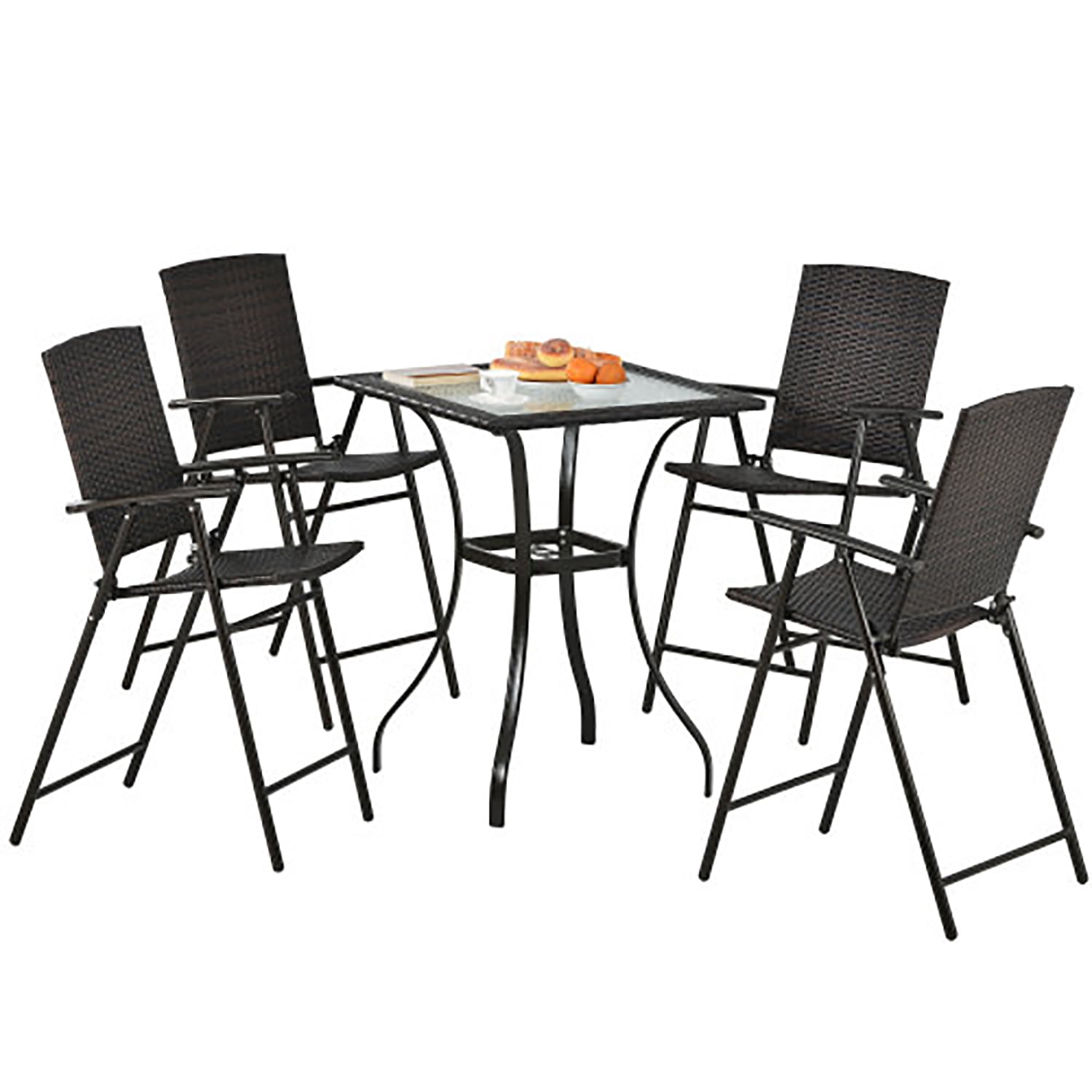 Kadyn Outdoor Patio PE Wicker 5 Piece Counter Height Dining Table Set with Umbrella Hole and 4 Foldable Chairs, Dining Table Set Glass Dining Table Set, Brown