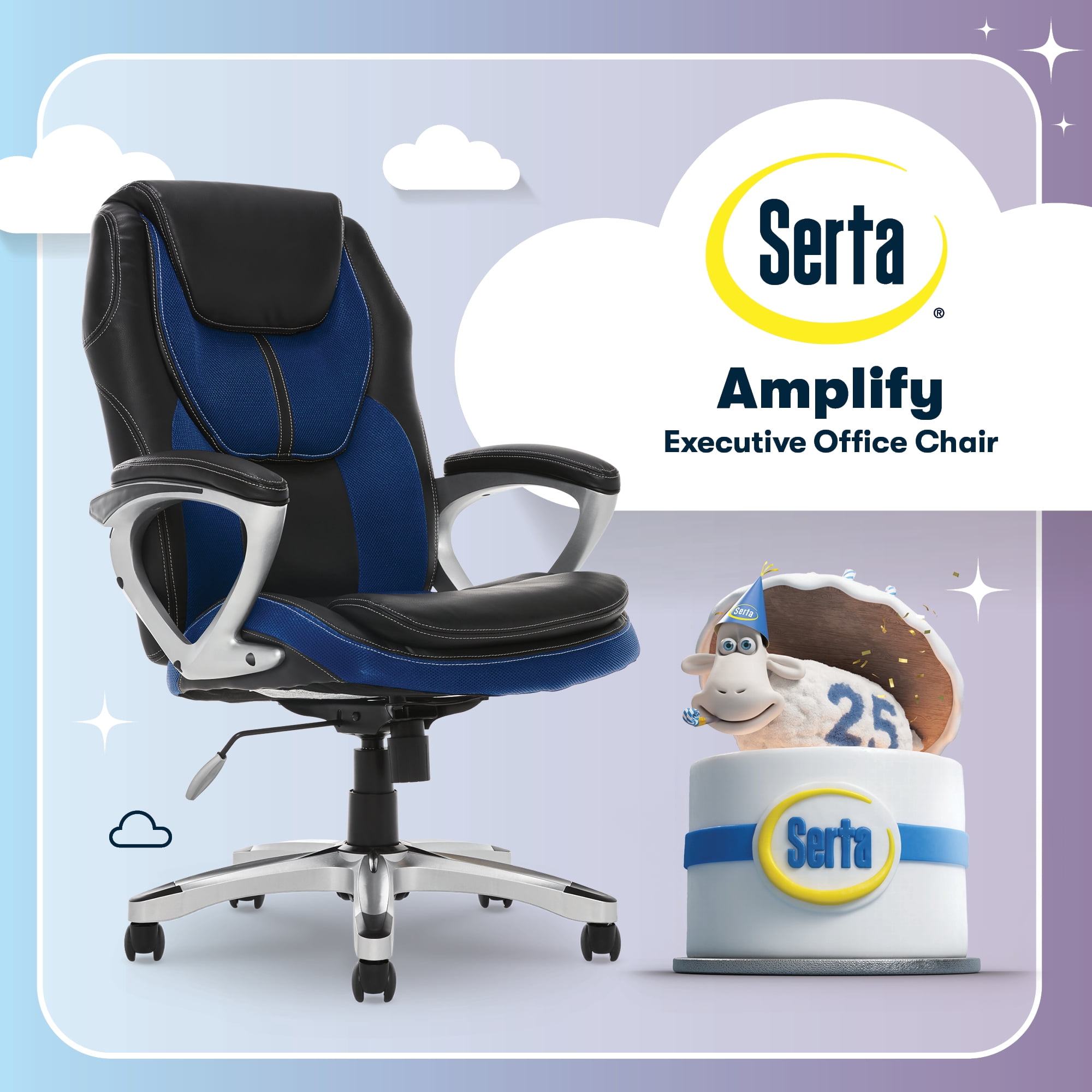 Serta®Amplify Executive Office Chair with Faux Leather and Mesh, Adjustable Ergonomic Comfy Seat with Lumbar Support, Modern Computer Desk Chairs, Swivel Rolling Wheels Blue