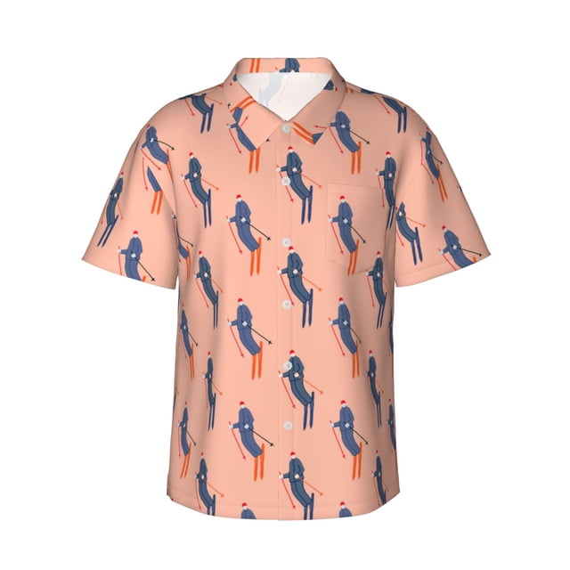 Balery Winter Skiing Adventure Camisas hawaianas de manga corta para hombre, camisas playeras de corte holgado, camisas de vacaciones con botones,Small