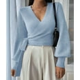 thumbnail image 4 of Women'S Casual V Neck Wrap Sweater Pullover Long Sleeve Slim Fit Knit Crop Top Sweater Light Blue S, 4 of 9