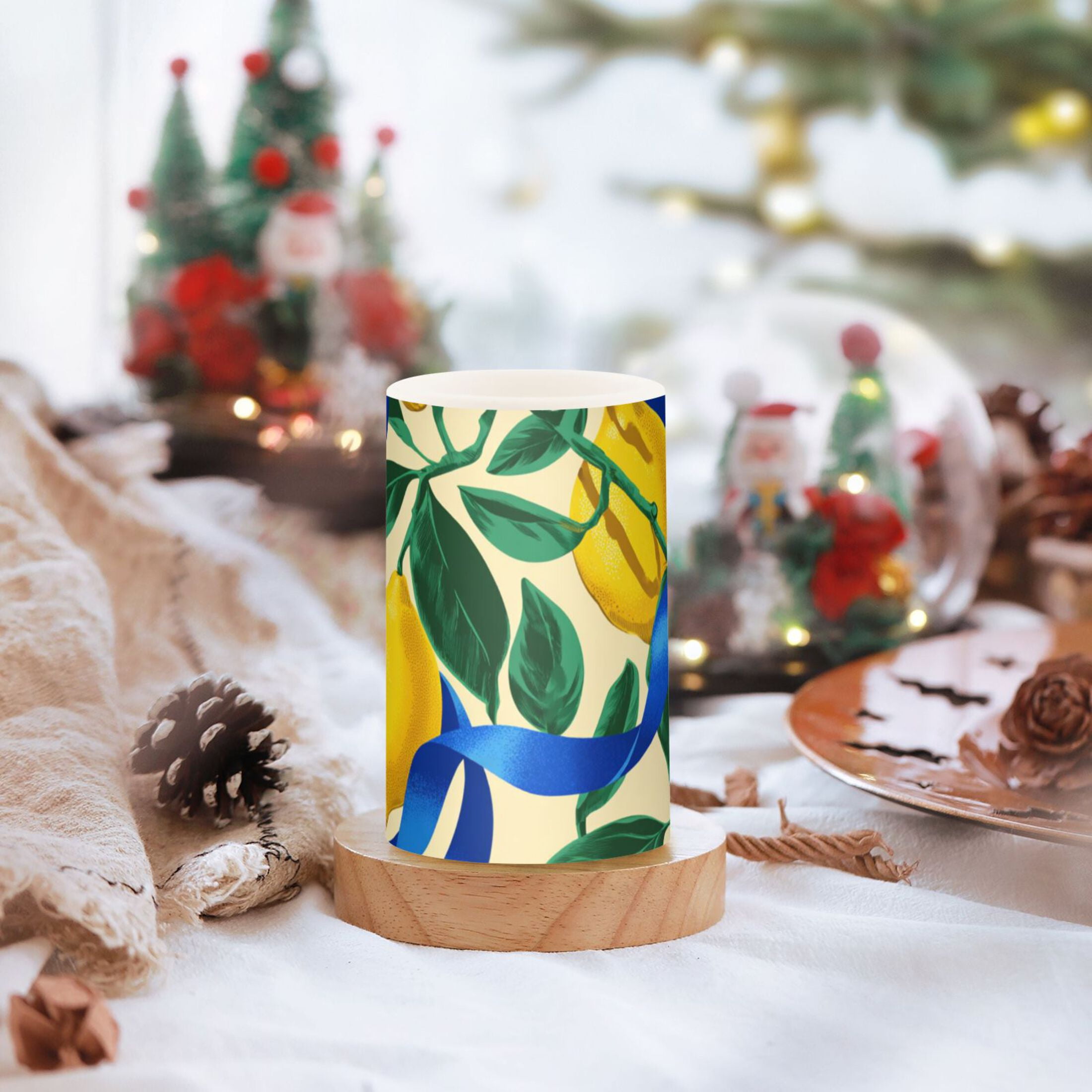 Lemons Leaves with Blue Ribbons Flickering Flameless Candles LED Tealight Battery Operated with Remote Set of 2 Holiday Decor Ornaments