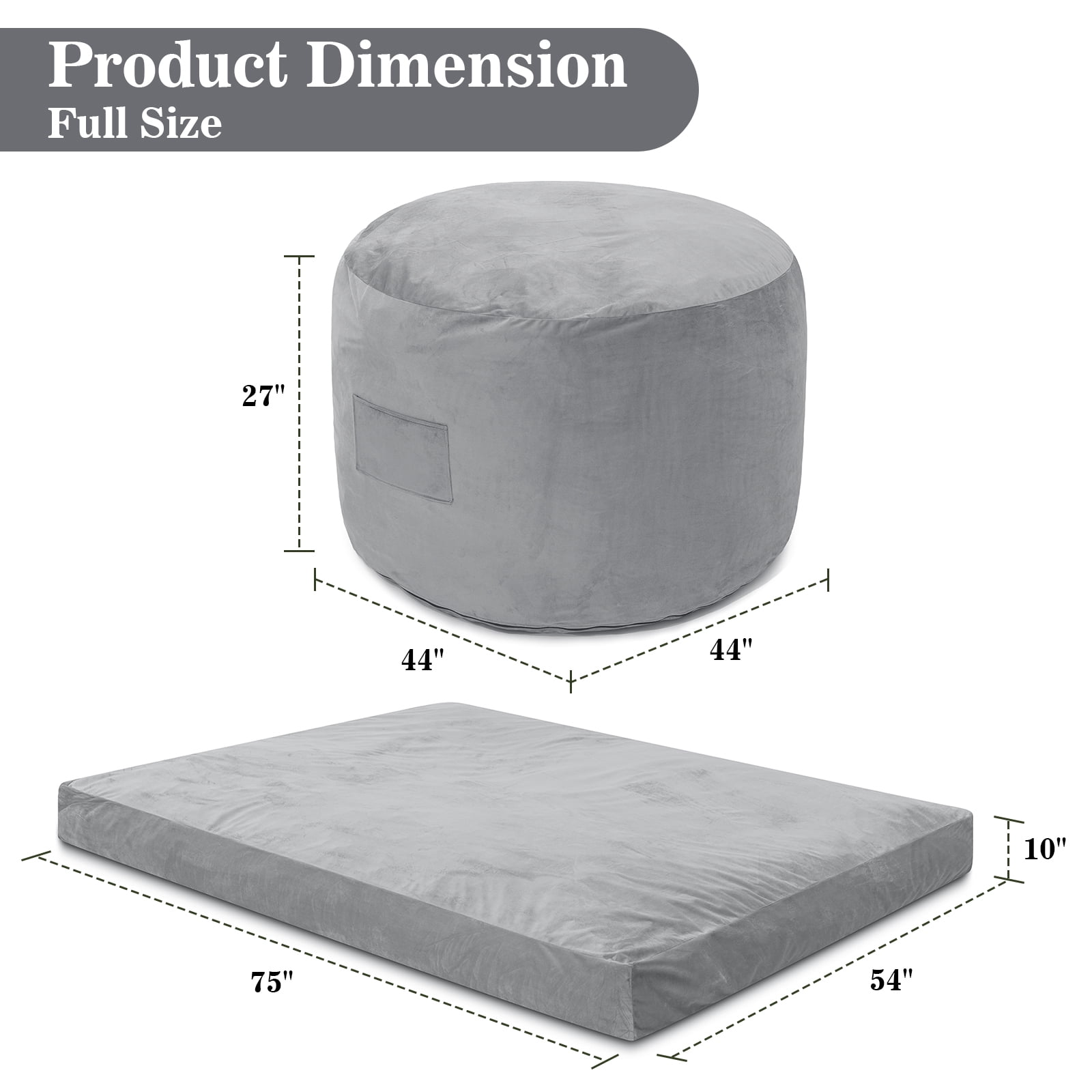 Lusimo Giant Bean Bag Chairs Bean Bag Bed with Foam Filling, Convertible Bean Bag Chair Bed with Washable Velvet Cover and Side Pocket for Adults, Family, Living Room, Gray, Full Size