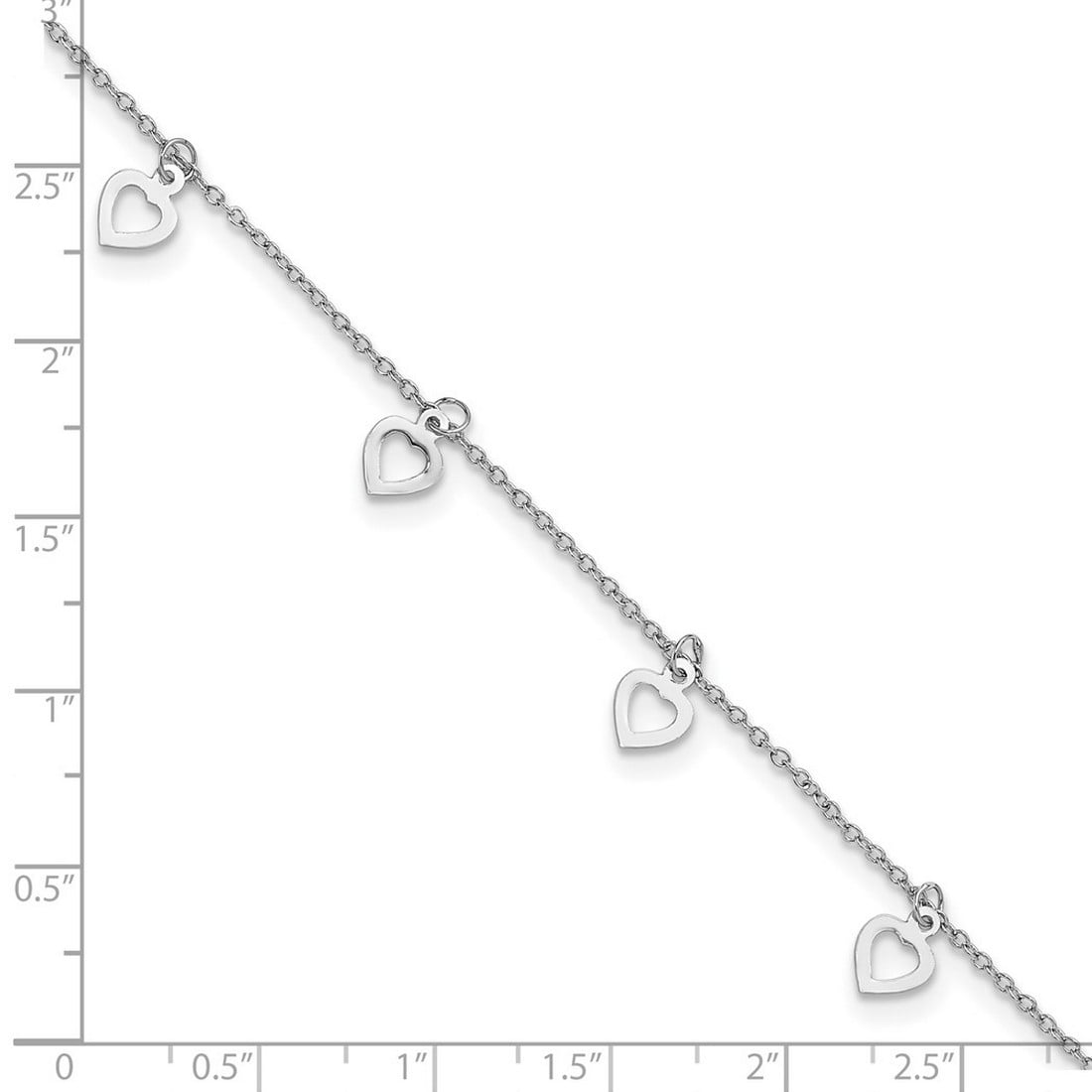 5.7mm 925 Sterling Silver Rhodium Plated Polished Love Heart Plus 1in Extension Anklet 9.5 Inch Anklet for Women