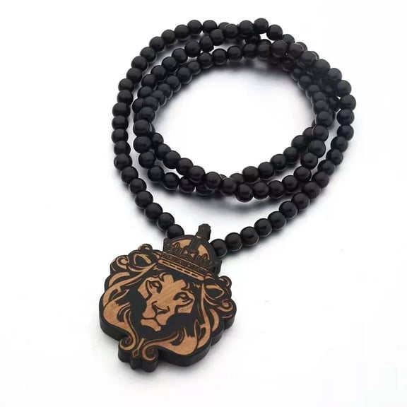HOOUN Men's Large Animal Lion Head Wood Pendant Punk Hip Hop Necklace Bead Chain 35"