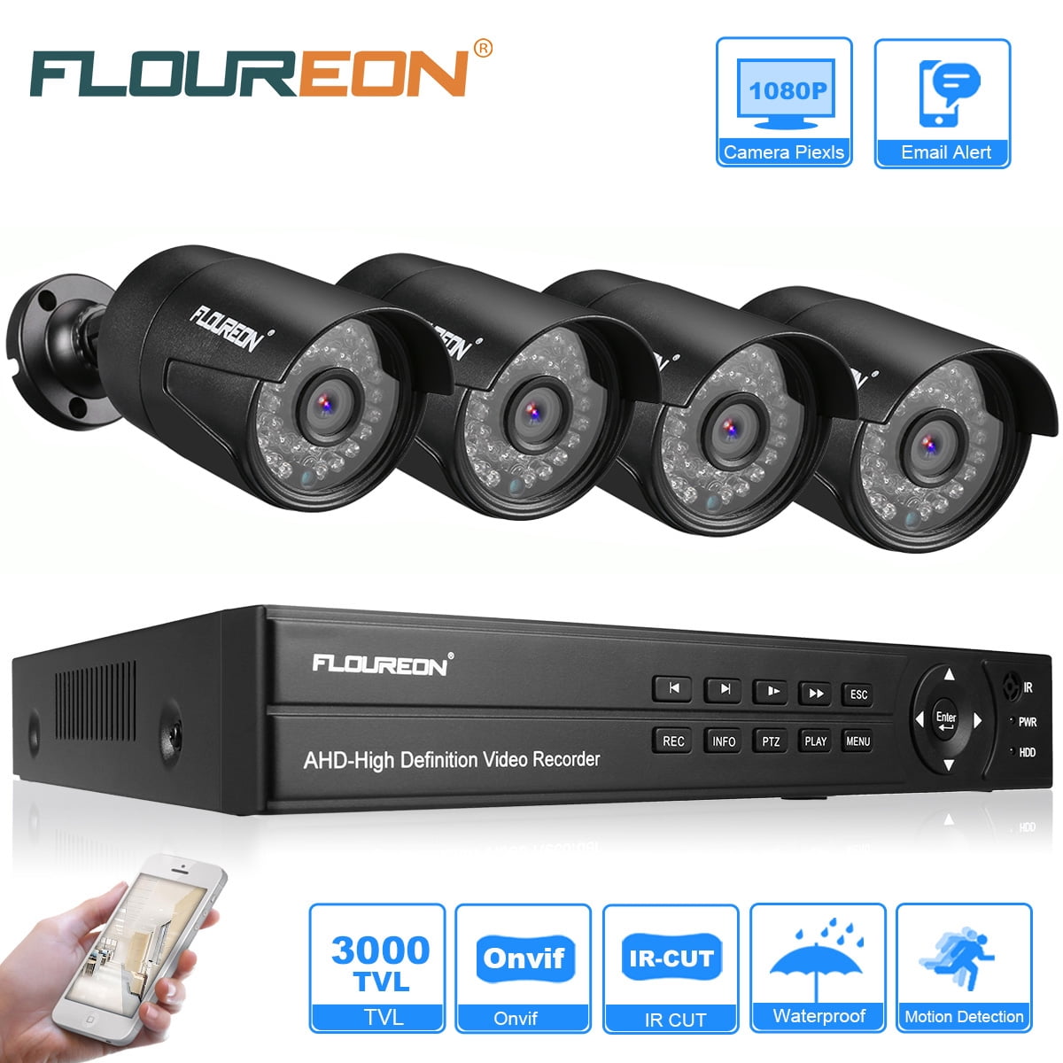 FLOUREON 1080N HDMI 8CH 4CH DVR IR CUT Outdoor 720P CCTV Security Camera System