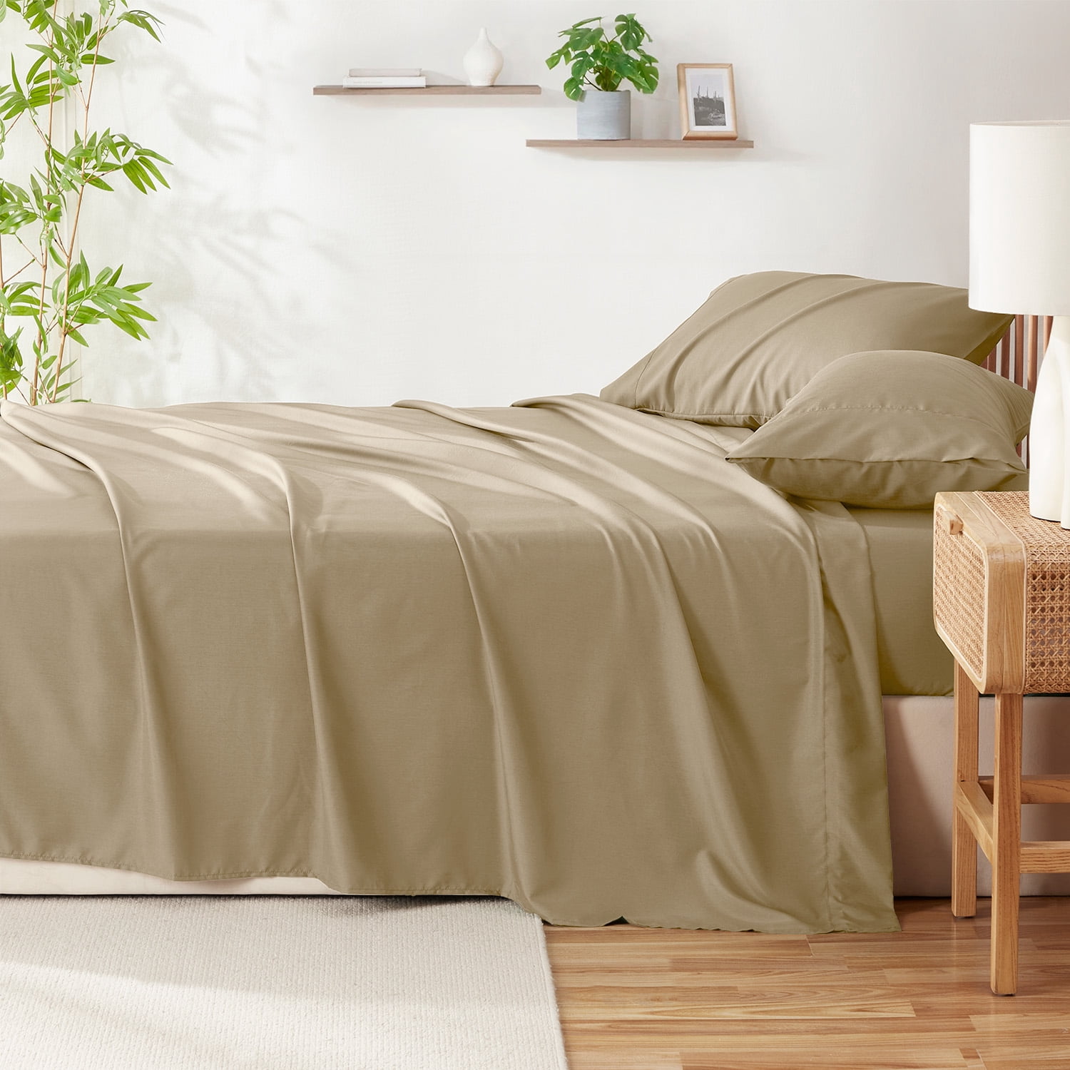 Virtu Bed Sheets Set, Deep Pocket Rayon Derived Bamboo Blend Cooling Twin Sheets sets, Warm Sand