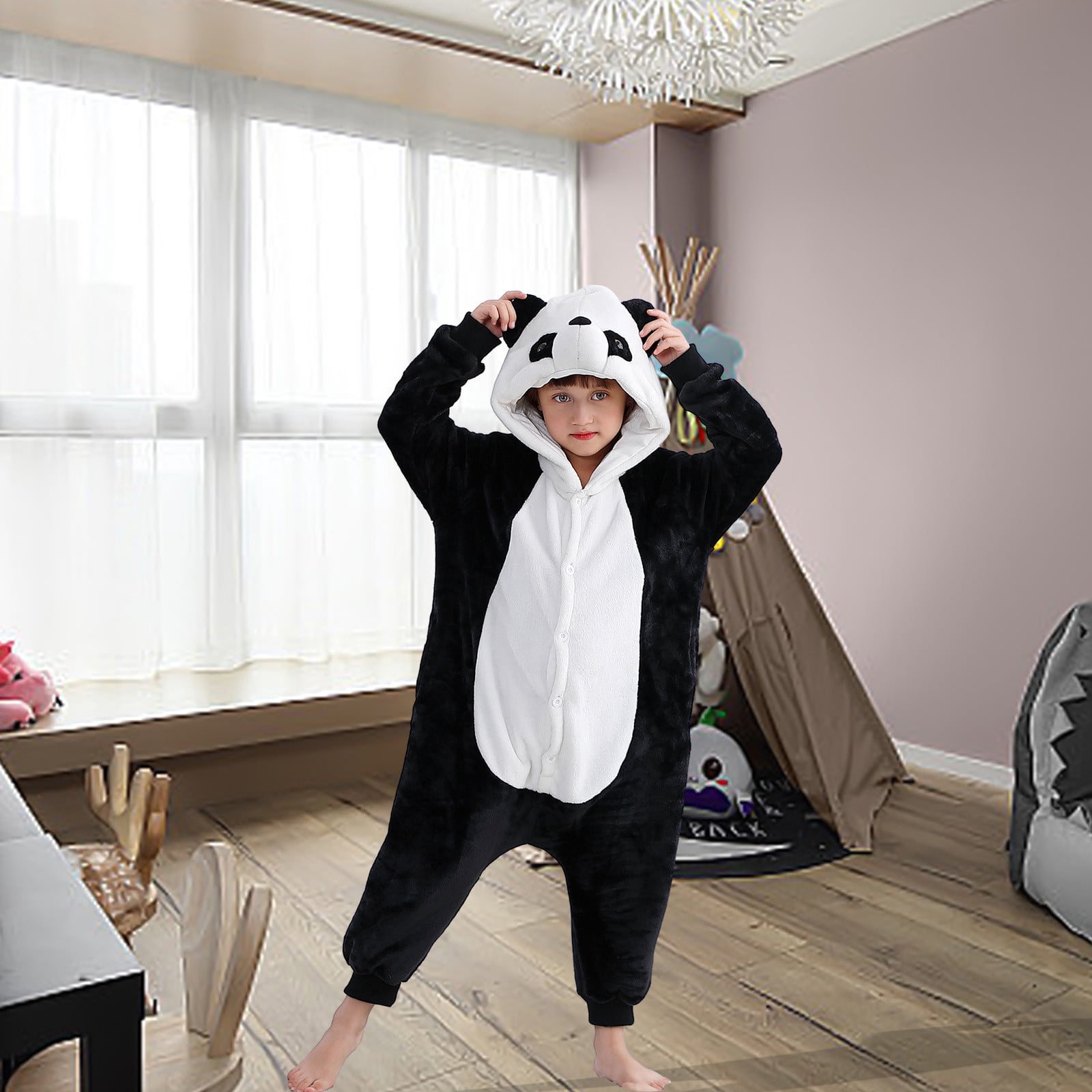 Infant Baby Fleece Jumpsuits Panda Onesie Pajama Toddler Hooded Romper Plush Zipper Winter Warm Coat