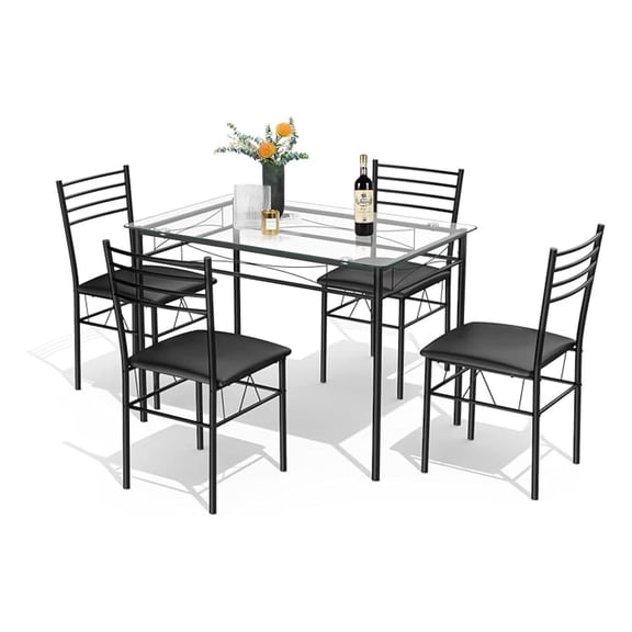 Dining Table Set, 5 Pieces Dining Set with Tempered Glass Top Table and 4 Chairs, Kitchen Dining Room Furniture, Black