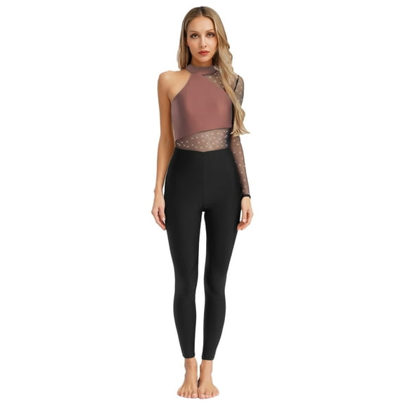 Kaerm Womens One Shoulder Unitard Shiny One Piece Jumpsuit Catsuit Gymnastics Leotard Dusty Pink S