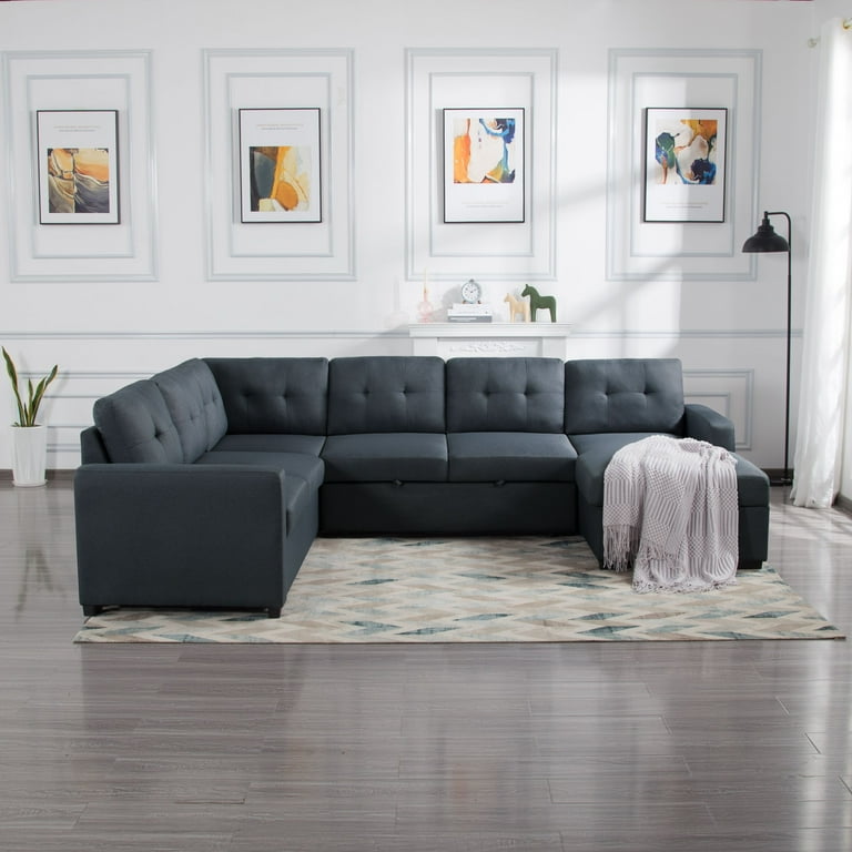 114.2 U Shaped Sectional Sofa with Pull Out Full Bed and Storage