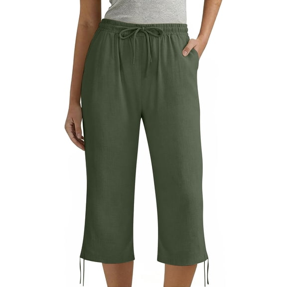 hoksml Women's Summer Cotton Capri Pants, Casual Drawstring Waist Tie-Cuff Beach Pants with Pockets
