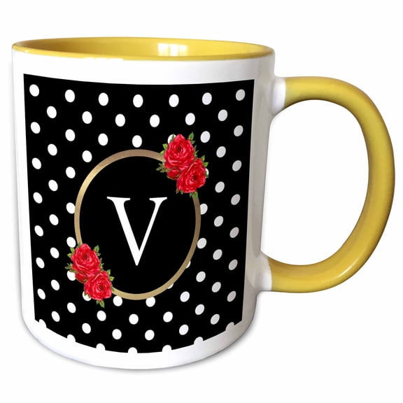 3drose, Red Rose Letter V Monogram Black and White Polka Dots with Flowers, 11oz Two-tone Yellow Mug