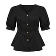 thumbnail image 7 of Mifsaly Womens Peplum Tops V Neck Puff Sleeve Button Down Shirts Ruffle Hem Fitted Waist Summer Casual Elegant Tunic Top Black,XL, 7 of 7