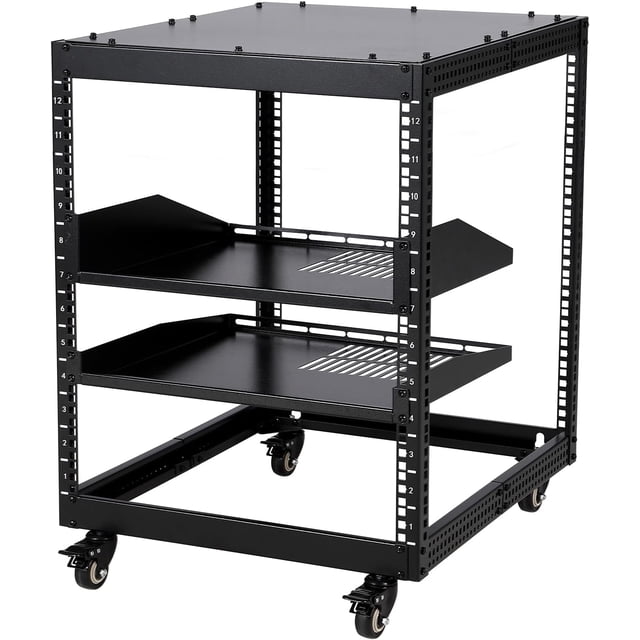 12U Open Frame Server Rack, 23 in -40 in Adjustable Depth, Wall Mount & Free Standing Network Rack with 4 Lockable Casters & 2Pcs 1U Server Rack Shelf, Holds All Your IT/AV Equipment Rack