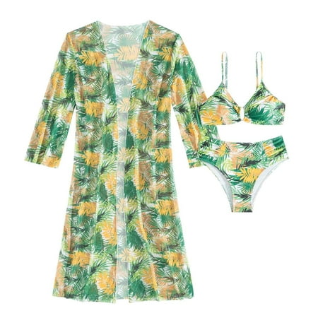 Wyobmus Women s 3 Piece Swimsuits Hawaiian Tropical Print Bikini Set Halter Drawstring Side Bathing Suits With Sunscreen Cover Up Containing Chest Pad A-Yellow