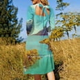 thumbnail image 3 of Robe Évasée Col Carré Robe Élégante Mode Féminine Imprimée Robe Bleue Vue Lac Canada Alberta Arbres Montagnes, 3 of 5