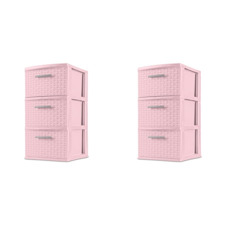 Sterilite 3 Drawer Tower, Slim Plastic Weave 3 Drawer Tower with Pull Handles, Pink, Pack of 2