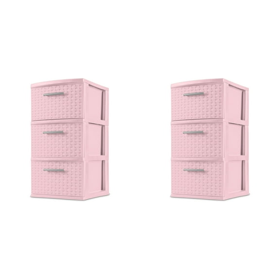 Sterilite 3 Drawer Tower, Slim Plastic Weave 3 Drawer Tower with Pull Handles, Pink, Pack of 2