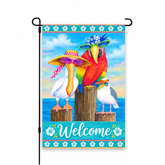 Colorful Tropical Birds Welcome Garden Flag 12x18 Inch - Vibrant Outdoor Yard Decor for Lawn, Patio, or Porch - Fun Summer Beach Theme with Sunglasses