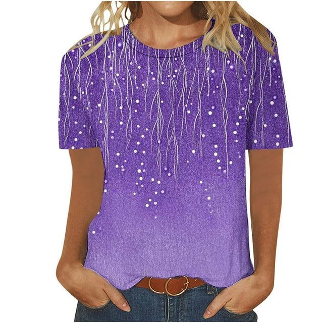 Staron Hauts pour Femmes Été Décontracté Doux Col Rond Manches Courtes Chemises Basiques T-Shirts d'Affaires Mode Tunique Décontractée Imprimé Floral T-shirt Violet 5TG