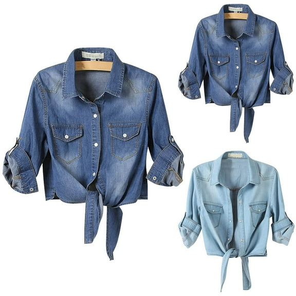 Nfurl Womens Denim Crop Tops Casual 3/4 Sleeve Button Down Denim Jackets Knot Tie Front Jean Jacket Fall Fashion Coats Blue M