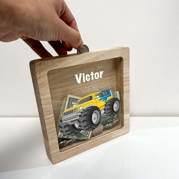 Personalized Savings Piggy Bank for Boys Custom Name Money Box Monster Jam Truck 4x4 Jumps & Stunts Heavy Duty Themed Toddler Boys Gift - Teach Savings in Style - Made in America