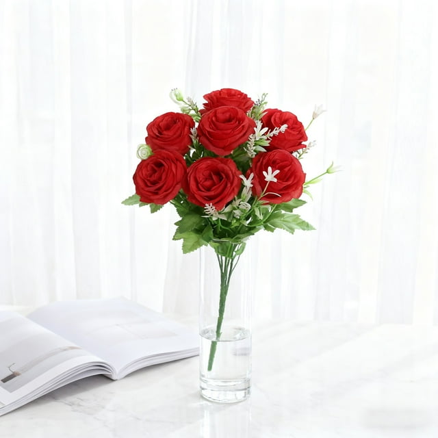 Ramo artificial de 6 rosas para fiestas, bodas y decoración. Flores artificiales para salones. Rosas de plástico.