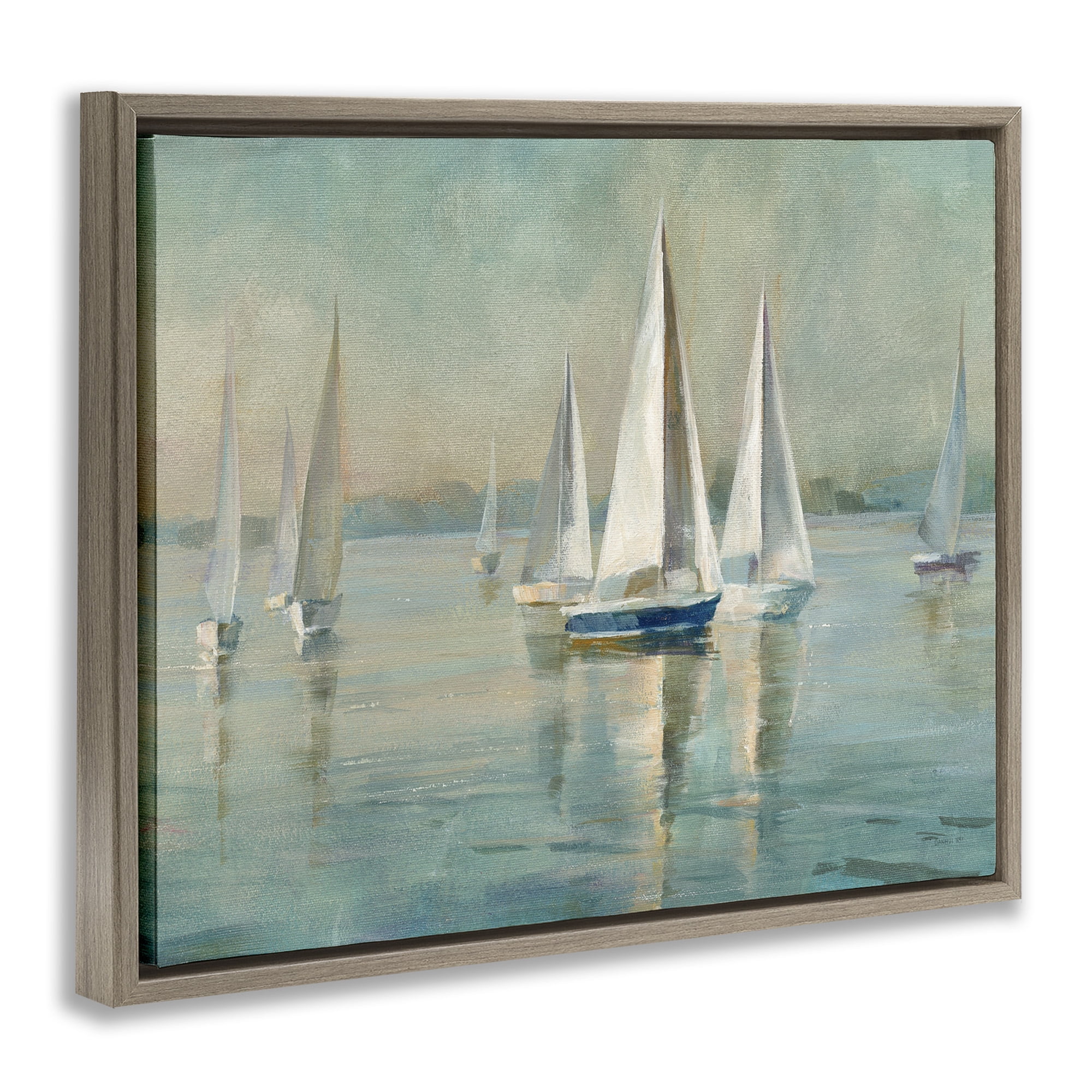 Stupell Industries Traditional Sailboats Water Lake Relaxed Nature Painting Brown Floater Framed Canvas Art Print Wall Art, 21 x 17