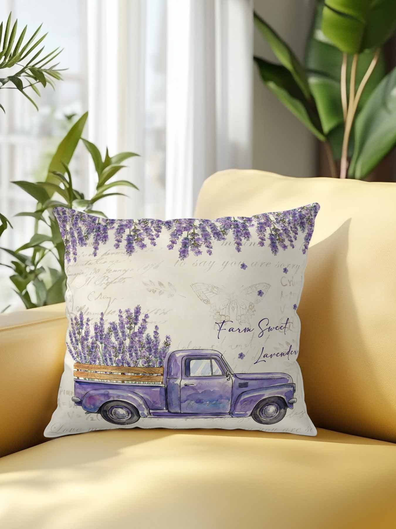 1 Pack Outdoor Throw Pillow, Spring Floral Waterproof Pillow with Insert Included, Purple Lavender Truck Flowers Botanical Beige Decorative Accent Cushion Sofa Pillows for Patio Porch, 18 x 18 In