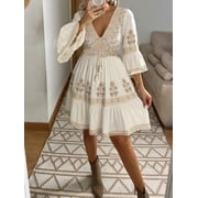 Women’s Beige Floral Lace V Neck Mini Dress Vintage Tiered Dress with Three Quarter Flare Sleeves Lace Tassel Trim Elastic Waist and Woven Belt