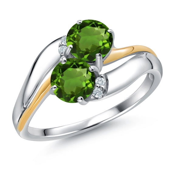 Gem Stone King 925 Sterling Silver and 10K Yellow Gold Green Chrome Diopside 5MM Round 2 Stone and White Lab Grown Diamond Accent Ring for Women (1.03 Cttw, Gemstone Birthstone, Size 8)