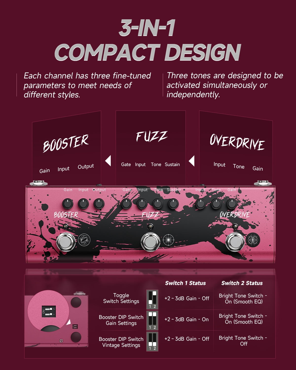 Donner X MIYAVI Multi Effects Guitar Pedal Rage Breaker Triple Pedal 3-in-1 Analog Guitar Pedal Overdrive Fuzz Boost for Electric Guitar