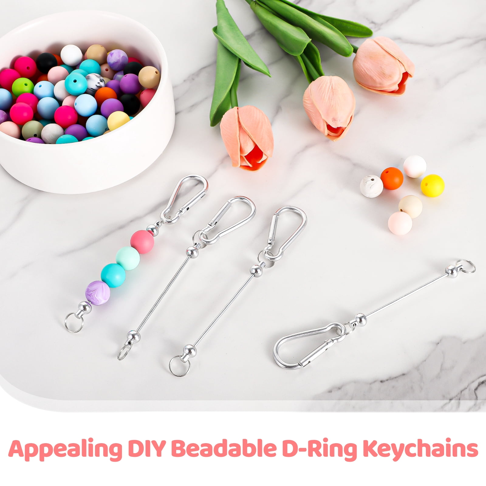 50 Pcs D-Ring Keychain Hooks, Beadable Carabiner Clips for DIY Beaded Keychains, Water Bottle Loops, Backpack, Dog Tag Chains, Outdoor Gear Accessories