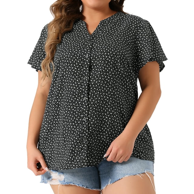 Blusas de verano de chiffon de manga corta con botones y estampado floral para mujeres de tallas grandes Agnes Orinda 2X en negro y blanco